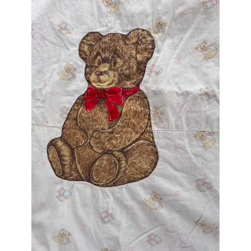 Custom Made Baby Quilt Teddy Bear‎ Red Bow Ruffles Handmade USA